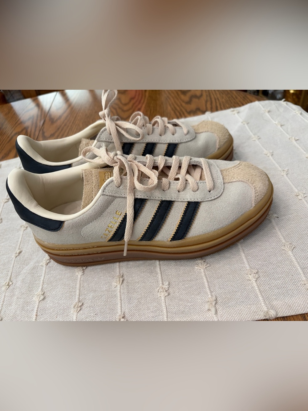 adidas Gazelle Bold Women’s Sneakers in Light Beige with Black Stripes - Picture 2 of 7